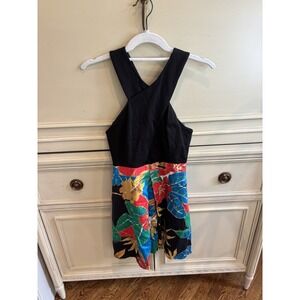 Alice + Olivia Black Floral Sleevless Peephole Mini Dress Size 2 Pleated Resort